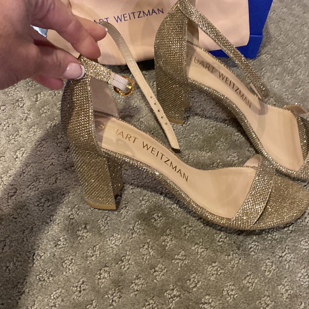 Stuart Weitzman Nudistcurve glitter block heel sandal sz 7 - Picture 3 of 4
